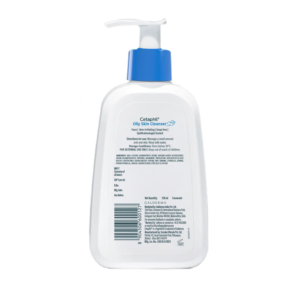 Cetaphil Oily Skin Cleanser back label with full INCI FIL.1744.V00