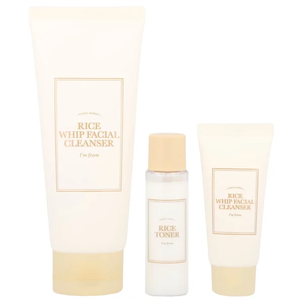 I’m From Rice Whip Facial Cleanser Set three-piece packshot tubes and toner