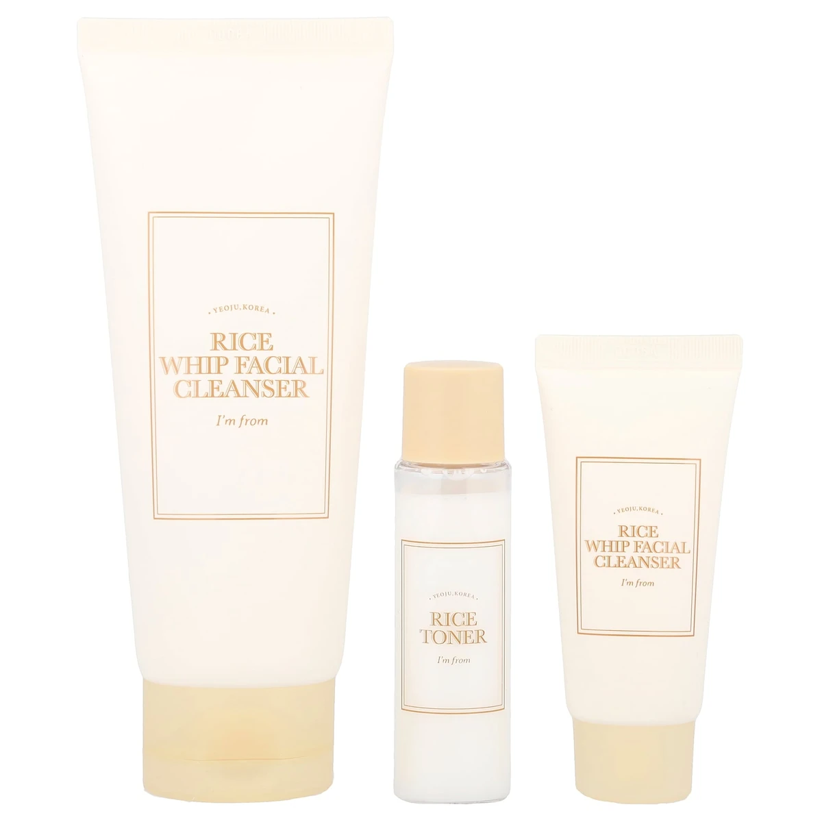 I’m From Rice Whip Facial Cleanser Set three-piece packshot tubes and toner