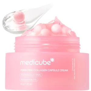Medicube Collagen Capsule Cream 55g jar with pink capsules and clear gel