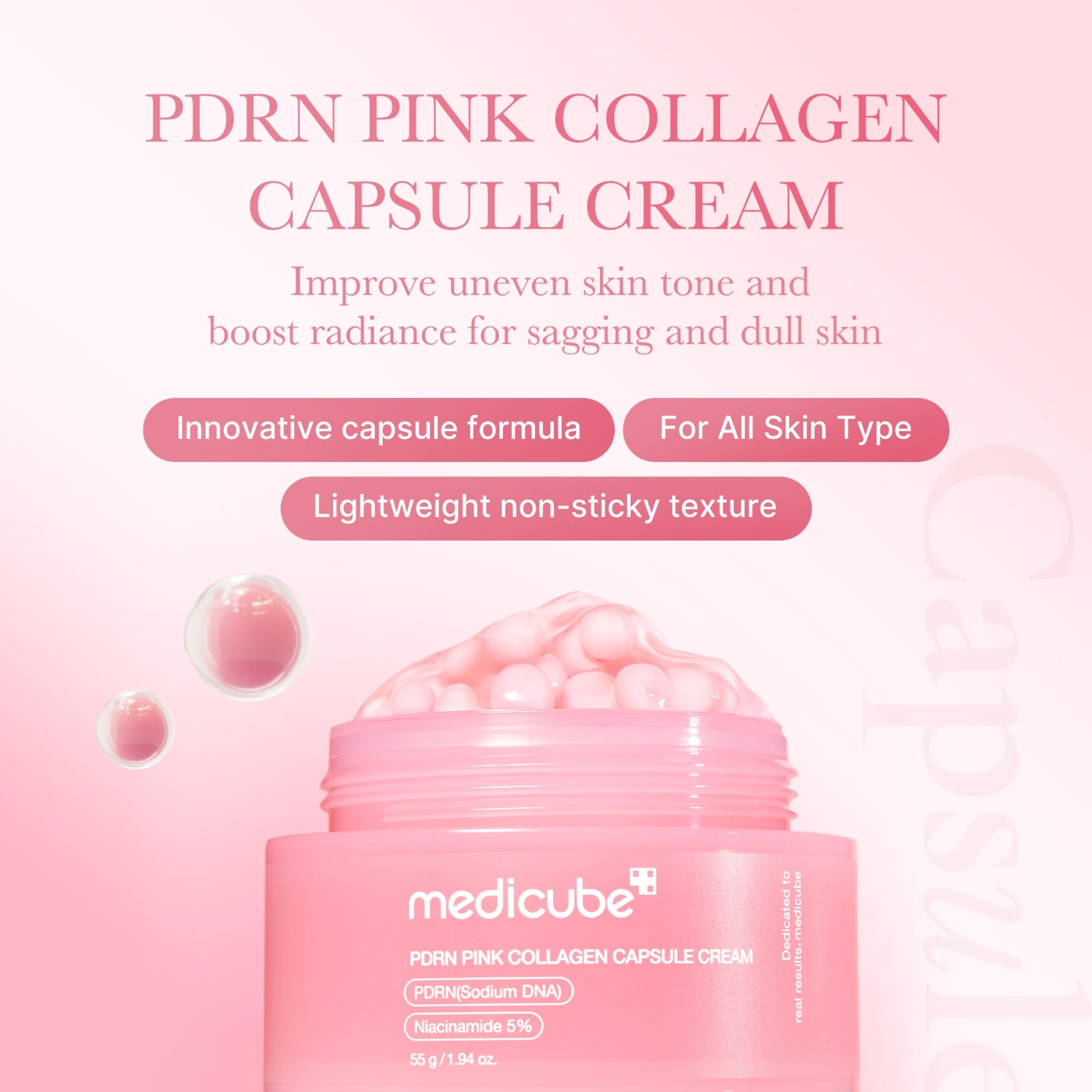 Medicube Collagen Capsule Cream jar open showing the pink capsule side and the clear gel side