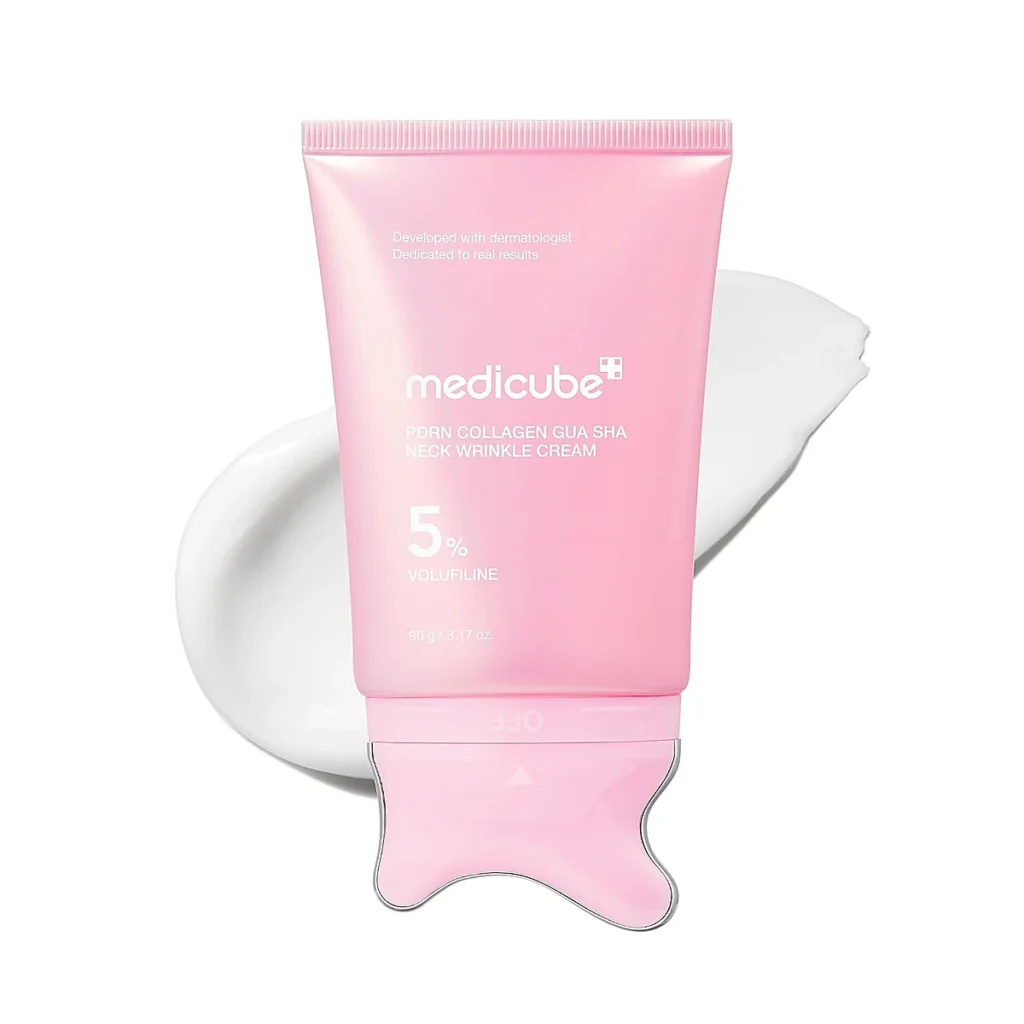 Medicube PDRN Neck Cream tube with gua sha applicator and cream swatch