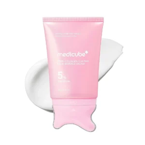 Medicube PDRN Neck Cream tube with gua sha applicator and cream swatch