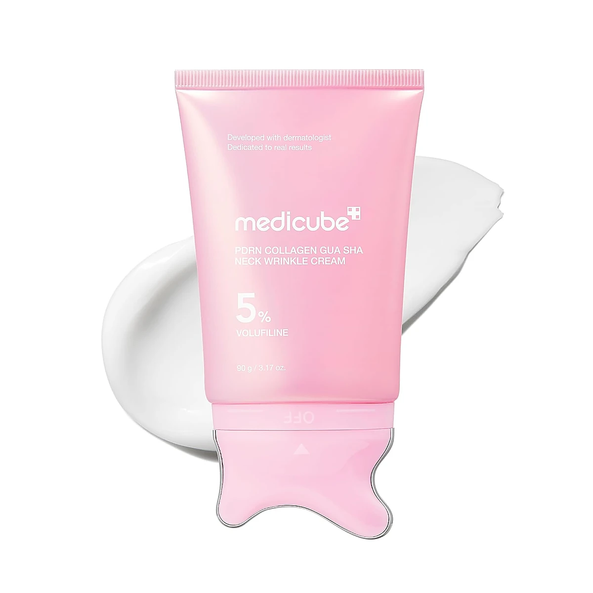 Medicube PDRN Neck Cream tube with gua sha applicator and cream swatch