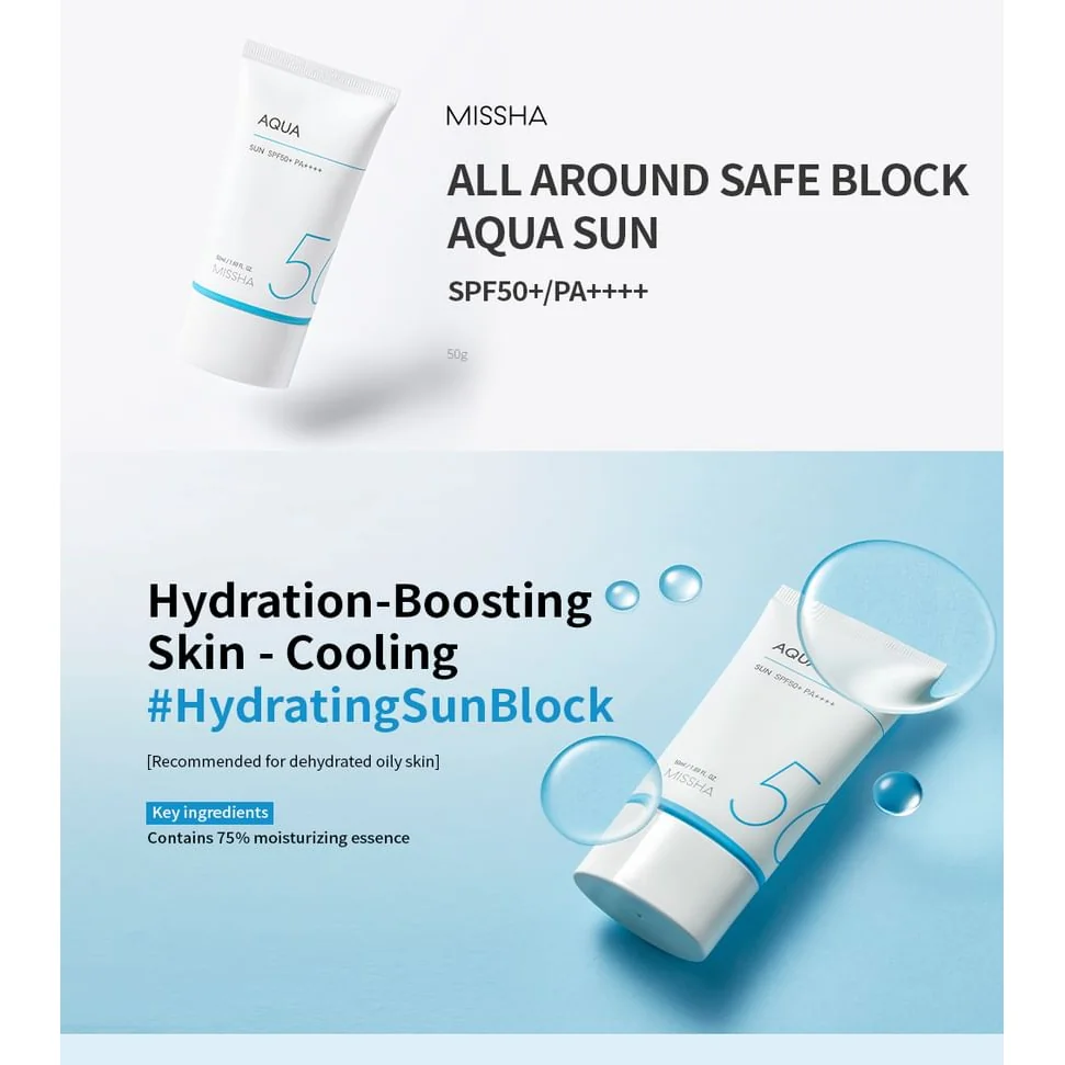 Missha All Around Safe Block Aqua Sun SPF50+ PA++++ hydrating sunblock graphic 50ml