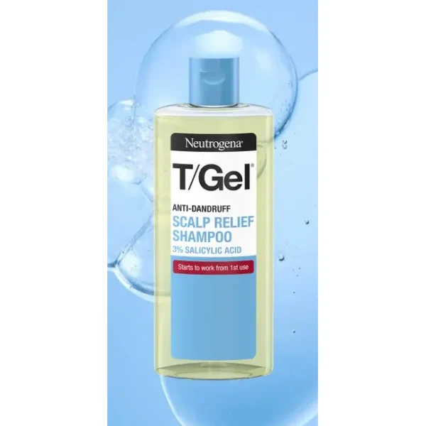 Neutrogena T/Gel Scalp Relief Shampoo bottle studio shot with bubbles