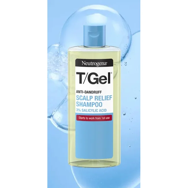 Neutrogena T/Gel Scalp Relief Shampoo bottle studio shot with bubbles