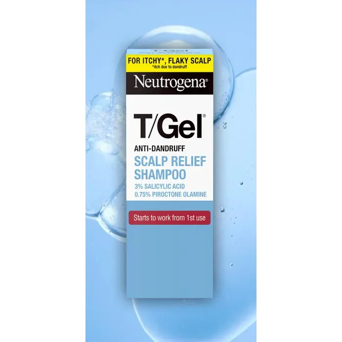 Neutrogena T/Gel Scalp Relief Shampoo box on water bubble studio background