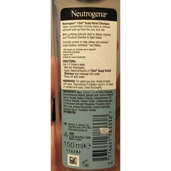 Neutrogena T/Gel Scalp Relief Shampoo 150ml back label ingredients and directions