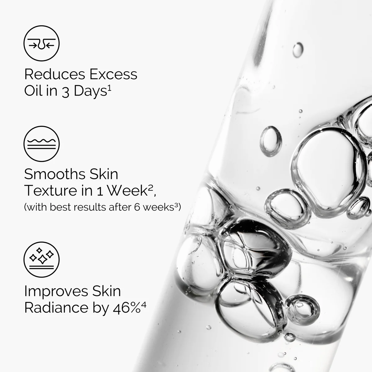 The Ordinary Niacinamide 10% + Zinc key benefits iconography for pores and shine