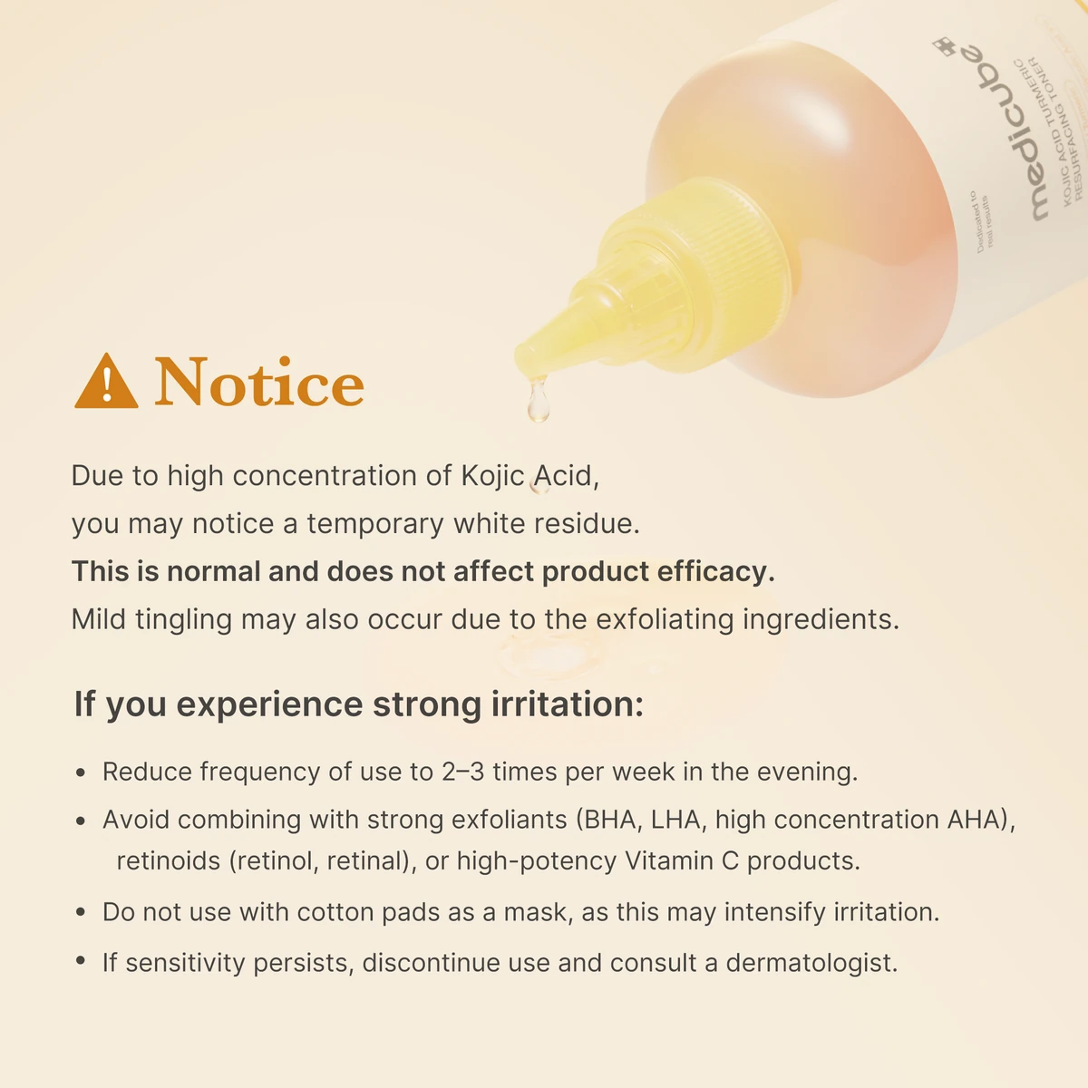 MEDICUBE Kojic Acid Turmeric Toner official usage notice and irritation guidance