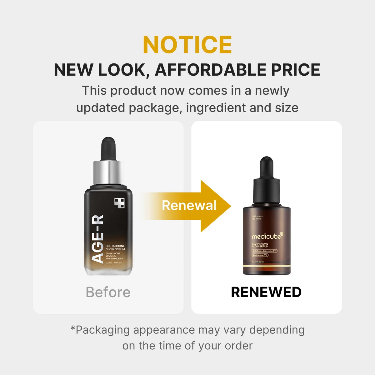 MEDICUBE Glutathione Glow Serum renewal notice: new package, ingredient and size