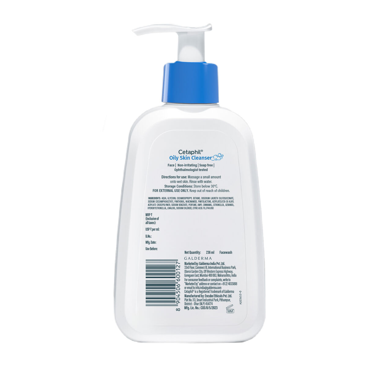 Cetaphil Oily Skin Cleanser back label with full INCI FIL.1744.V00