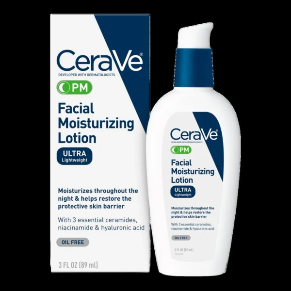 CeraVe PM Facial Moisturizing Lotion with its 3 fl oz retail box