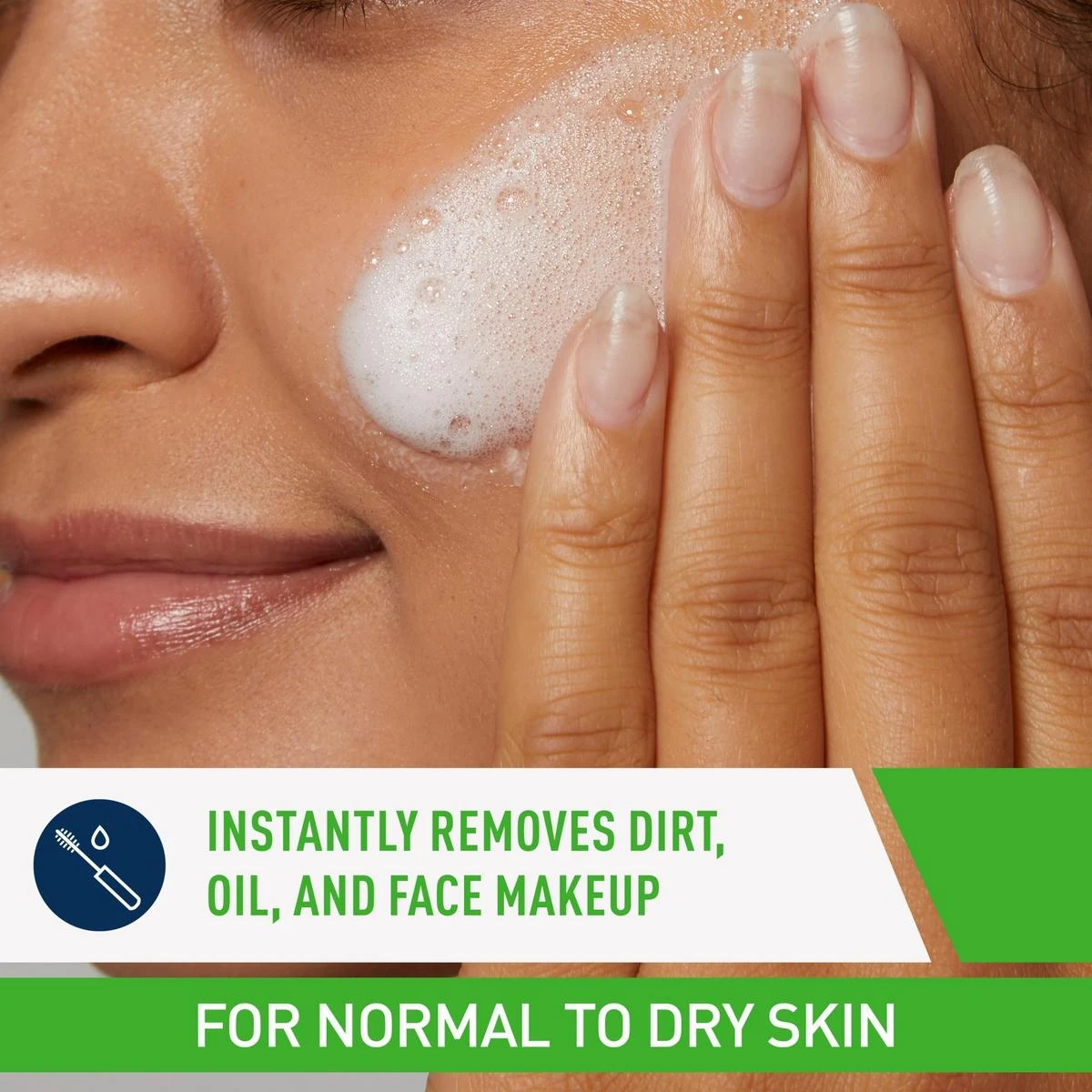 CeraVe Hydrating Cream-to-Foam Cleanser lathered on the face to remove makeup