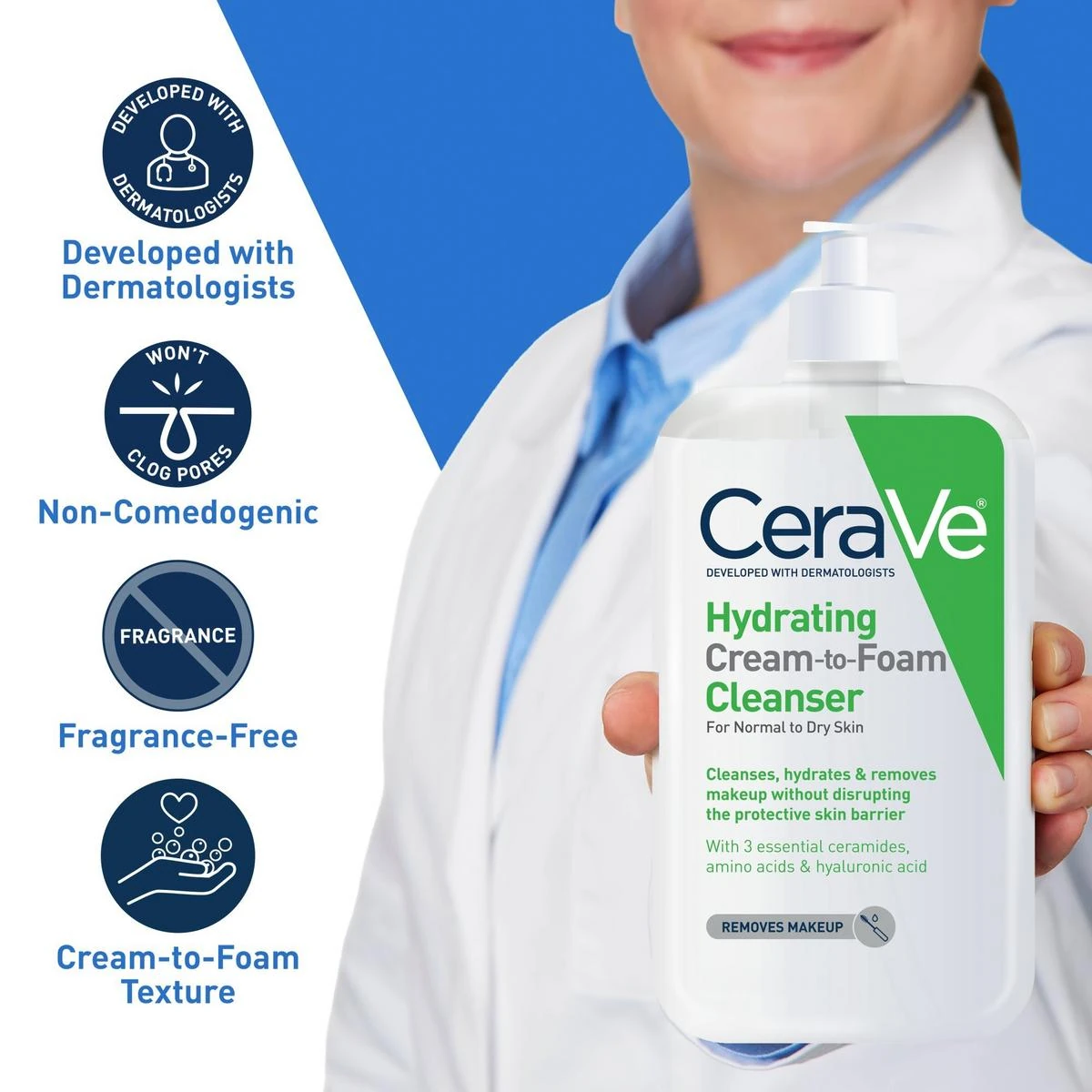 CeraVe Hydrating Cream-to-Foam Cleanser developed with dermatologists, non-comedogenic and fragrance-free