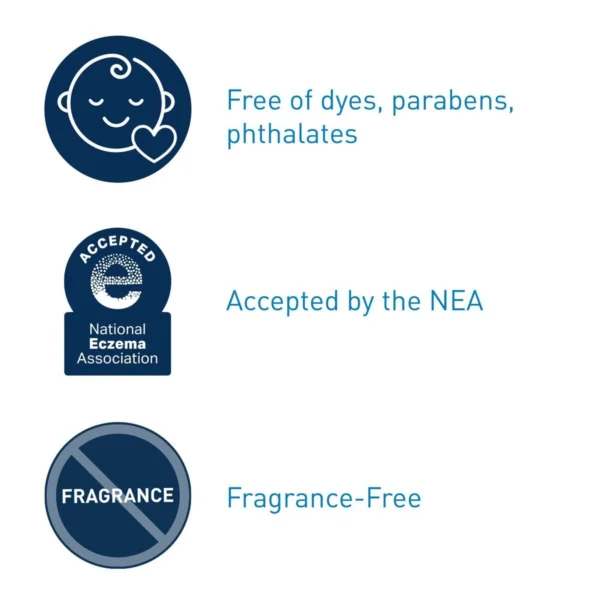 Free of dyes parabens and fragrance, accepted by the National Eczema Association