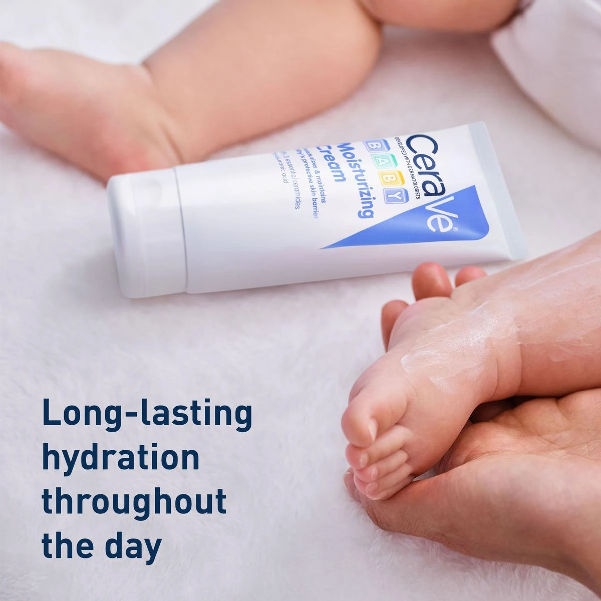 Baby cream applied for long-lasting hydration