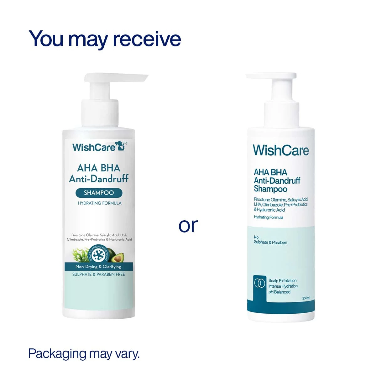 AHA BHA shampoo from WishCare in older and newer packaging