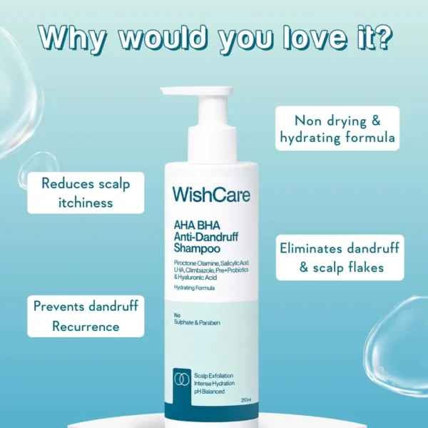 WishCare AHA BHA shampoo benefits for flakes and scalp itch
