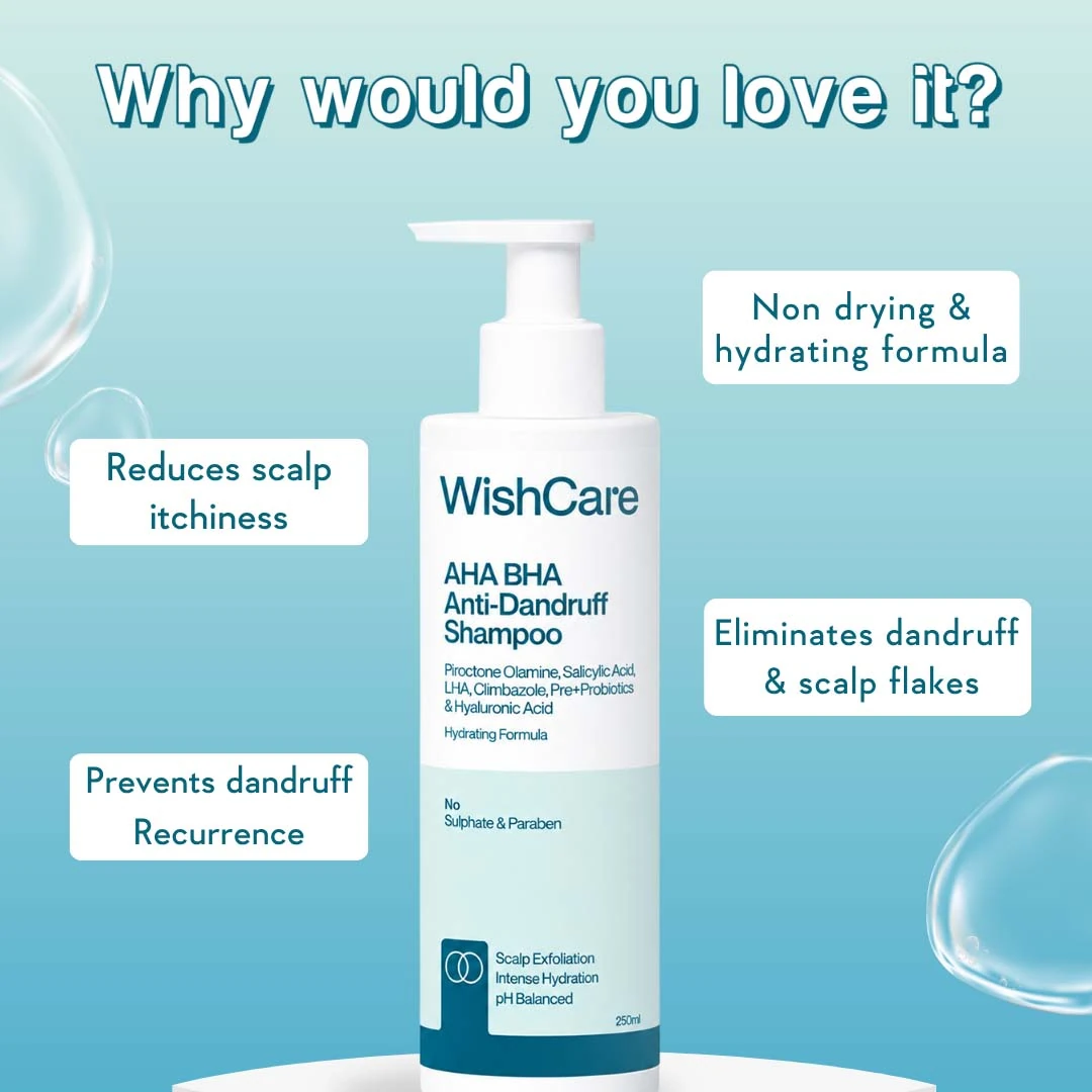 WishCare AHA BHA shampoo benefits for flakes and scalp itch