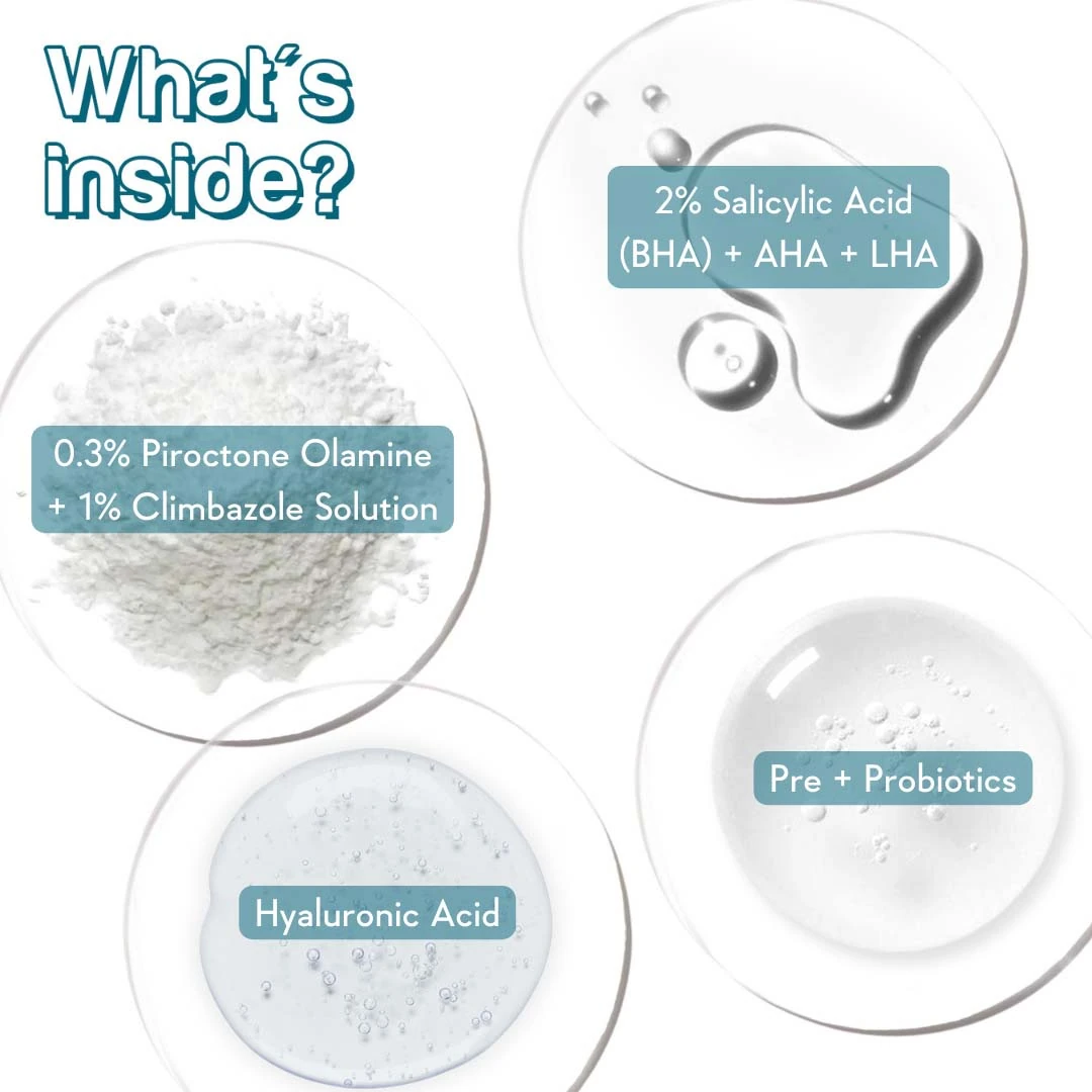 What is inside the AHA BHA shampoo: salicylic acid, piroctone olamine, hyaluronic acid, probiotics