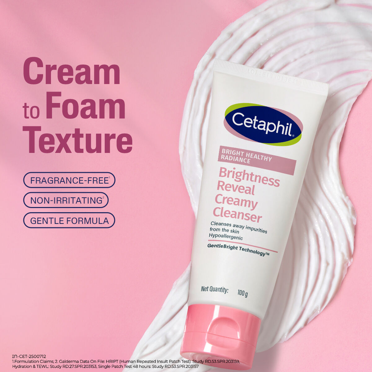 Cetaphil Bright Creamy Cleanser creamy texture swirl on pink with tube
