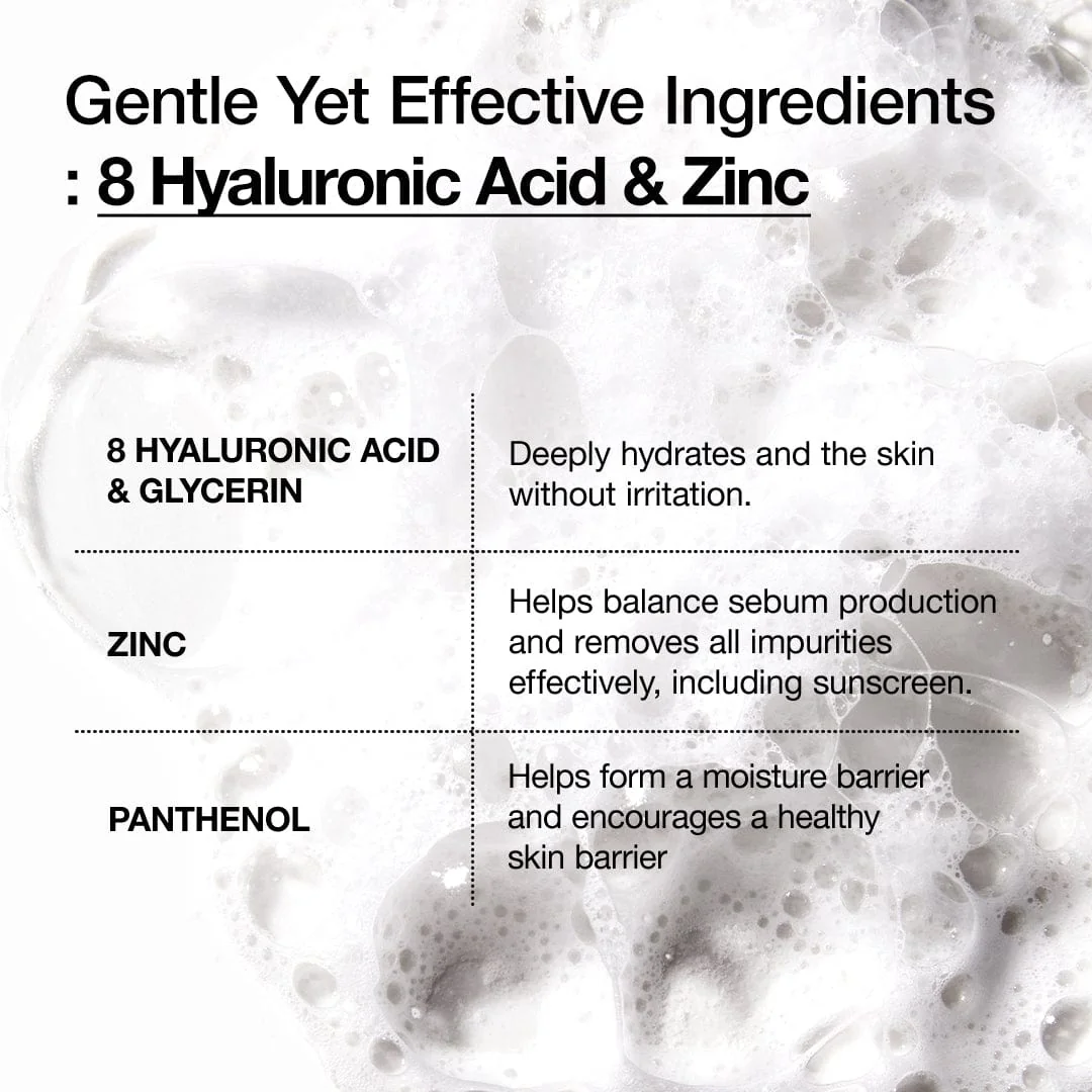 Anua 8 Hyaluronic Acid Cleanser key ingredients hyaluronic acid zinc panthenol