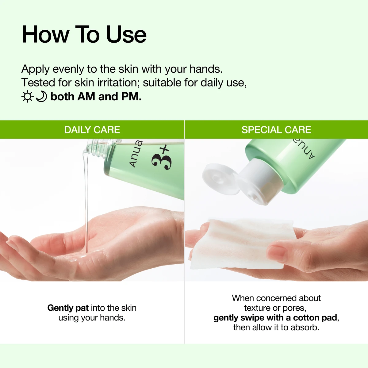 Anua Azelaic 3 Cica Toner how to use hands or cotton pad