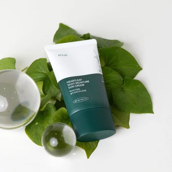 Anua Heartleaf Silky Sun Cream with fresh heartleaf leaves