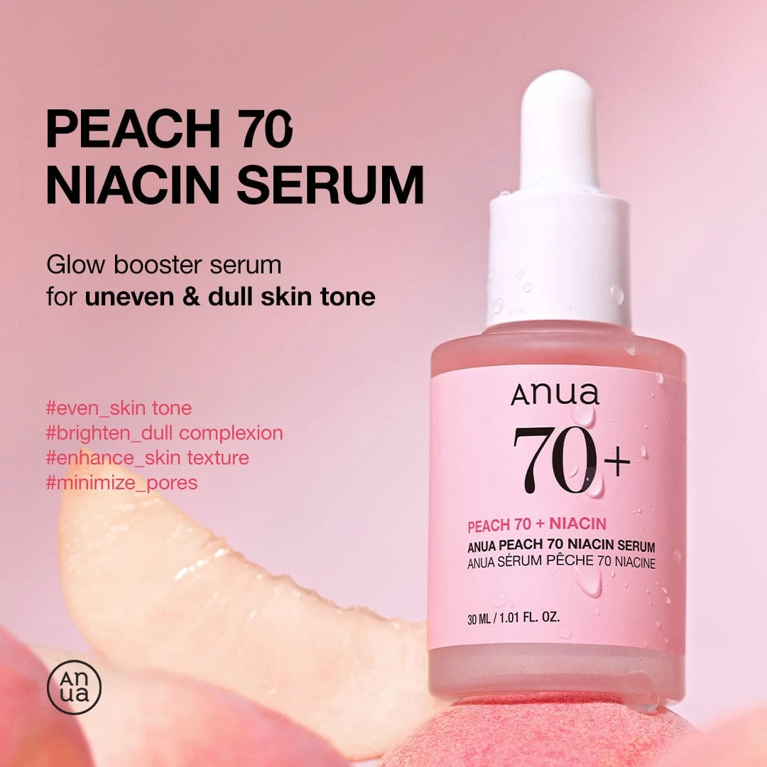 Anua Peach 70 Niacin Serum glow booster for uneven dull tone