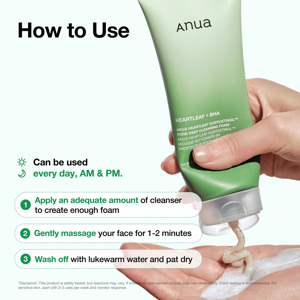 Anua Quercetinol Cleansing Foam how to use lather steps