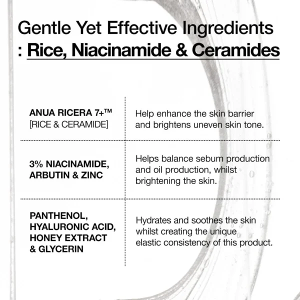 Anua Rice Ceramide Serum key ingredients rice niacinamide ceramides