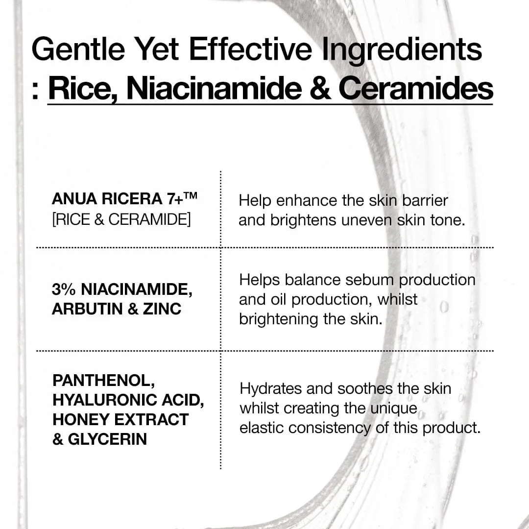 Anua Rice Ceramide Serum key ingredients rice niacinamide ceramides