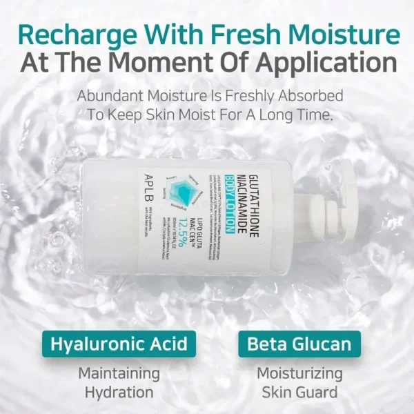 APLB Glutathione Niacinamide Body Lotion bottle in water hydration lifestyle shot