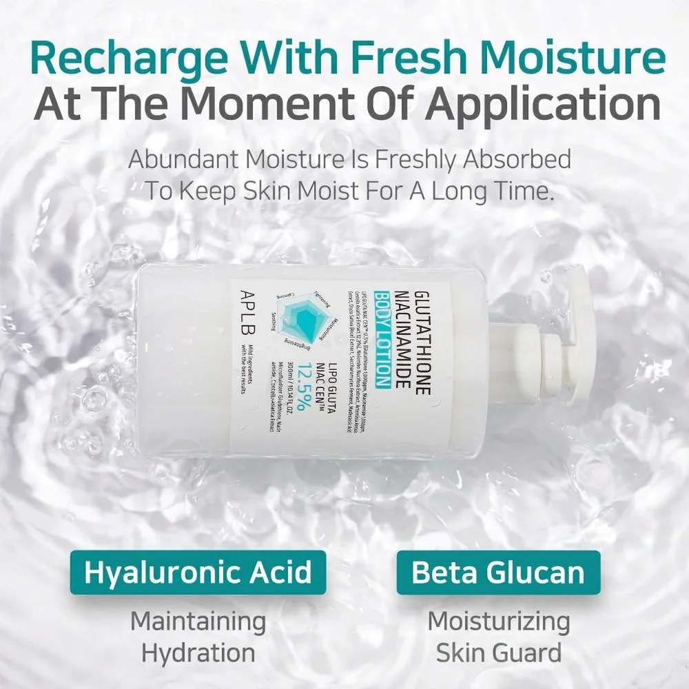APLB Glutathione Niacinamide Body Lotion bottle in water hydration lifestyle shot