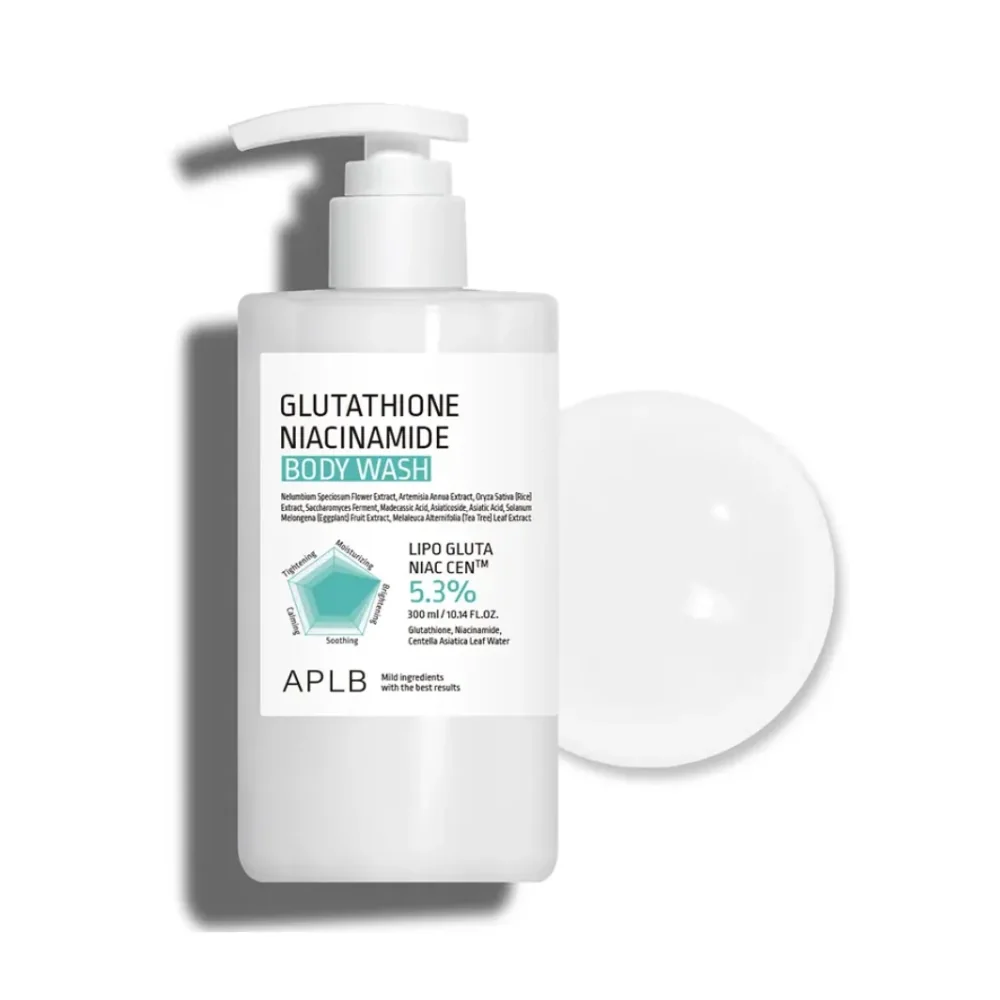 APLB Glutathione Niacinamide Body Wash 300ml pump bottle with foam swatch