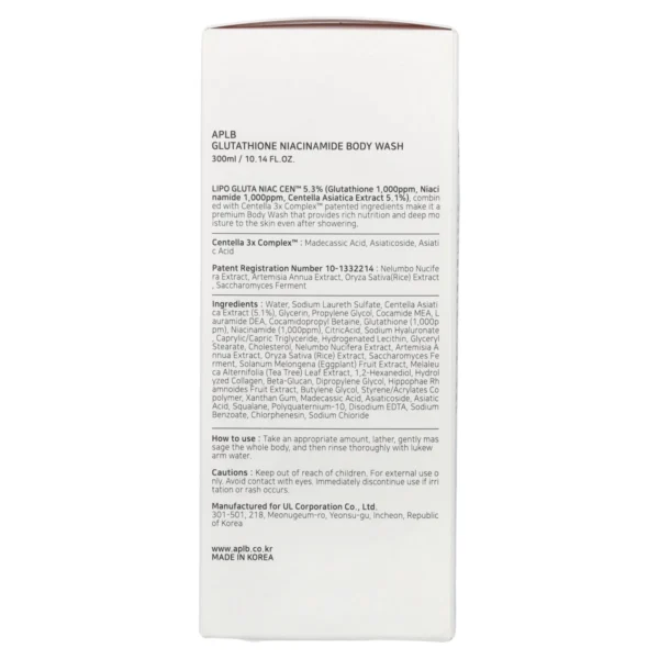APLB Glutathione Niacinamide Body Wash pack back with ingredients list