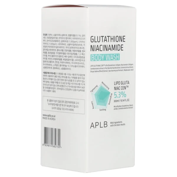APLB Glutathione Niacinamide Body Wash box angle Made in Korea barcode view