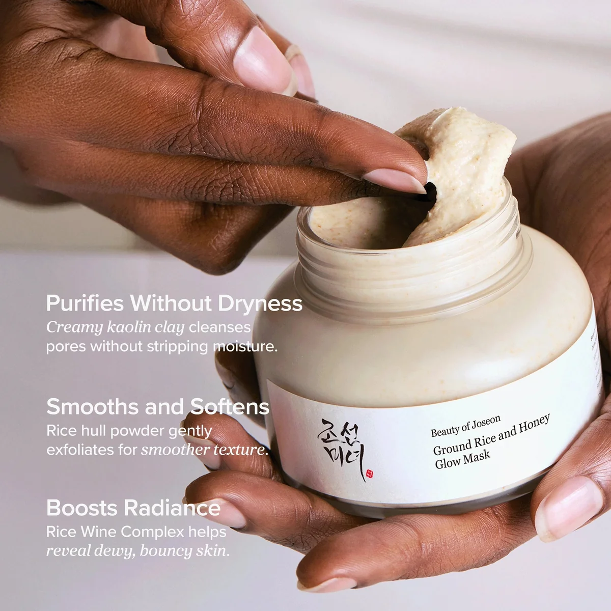 Beauty of Joseon Ground Rice and Honey Glow Mask texture scoop with key benefits