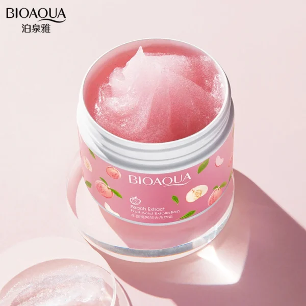 Bioaqua Peach Exfoliating Gel 140g - open peach print jar showing the pink gel