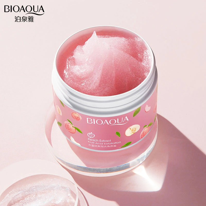 Bioaqua Peach Exfoliating Gel 140g - open peach print jar showing the pink gel