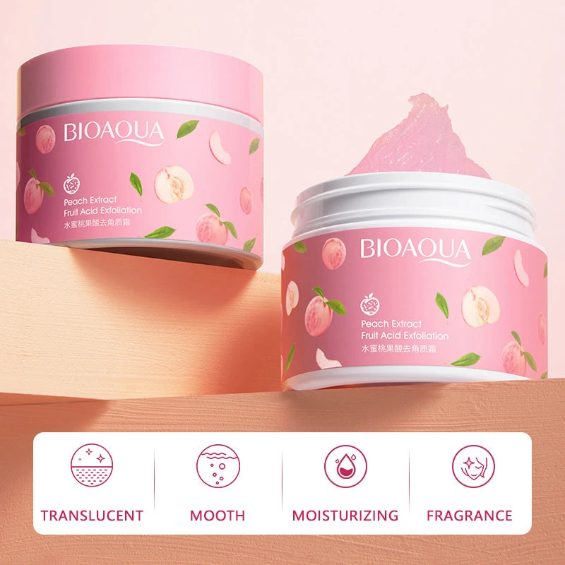 Bioaqua Peach Exfoliating Gel 140g - two peach print jars with texture icons