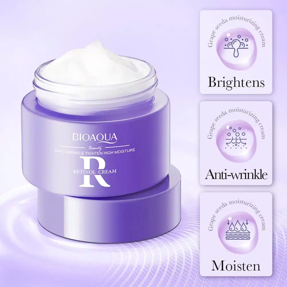 Bioaqua Retinol Cream 60g - open retinol cream jar with benefit tags