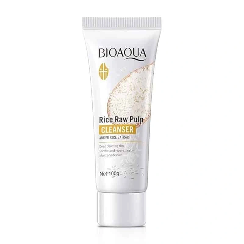 Bioaqua Rice Raw Pulp Cleanser 100ml - white rice cleanser tube front view