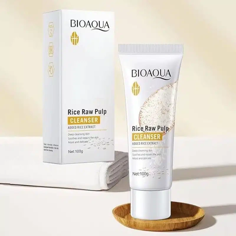 Bioaqua Rice Raw Pulp Cleanser 100ml - rice cleanser tube and box styled shot
