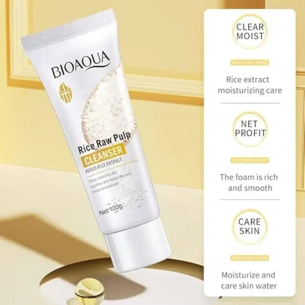 Bioaqua Rice Raw Pulp Cleanser 100ml - rice cleanser tube with feature callouts