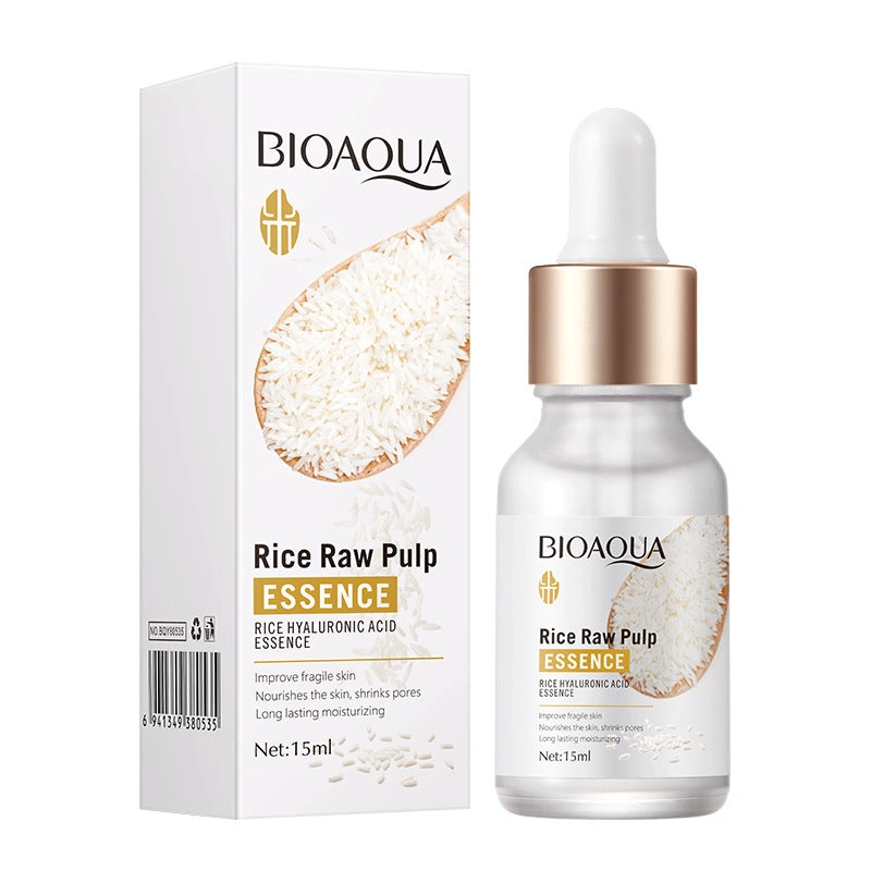 Bioaqua Rice Raw Pulp Serum 15ml - frosted essence bottle beside its rice print box