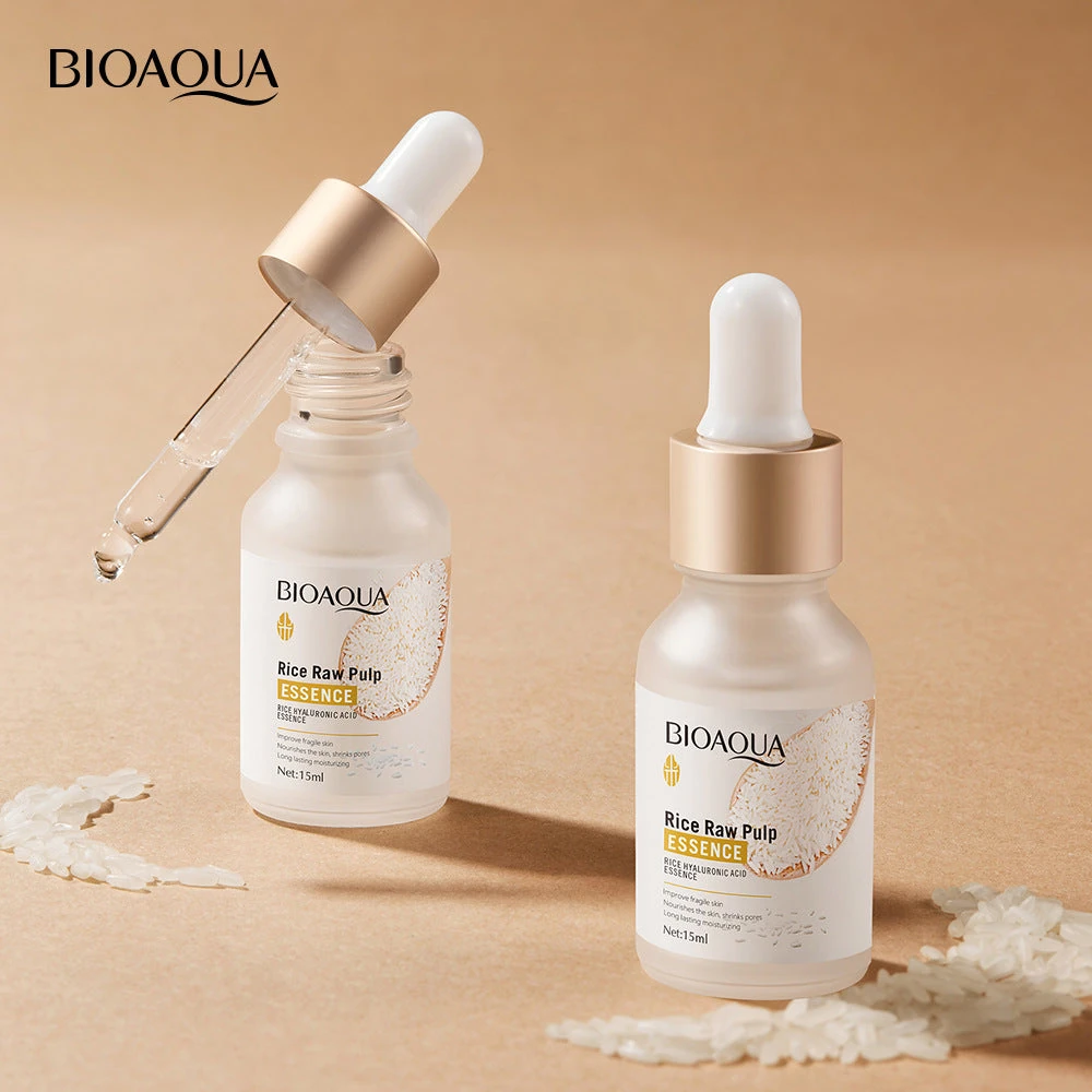 Bioaqua Rice Raw Pulp Serum 15ml - two frosted essence bottles with dropper caps