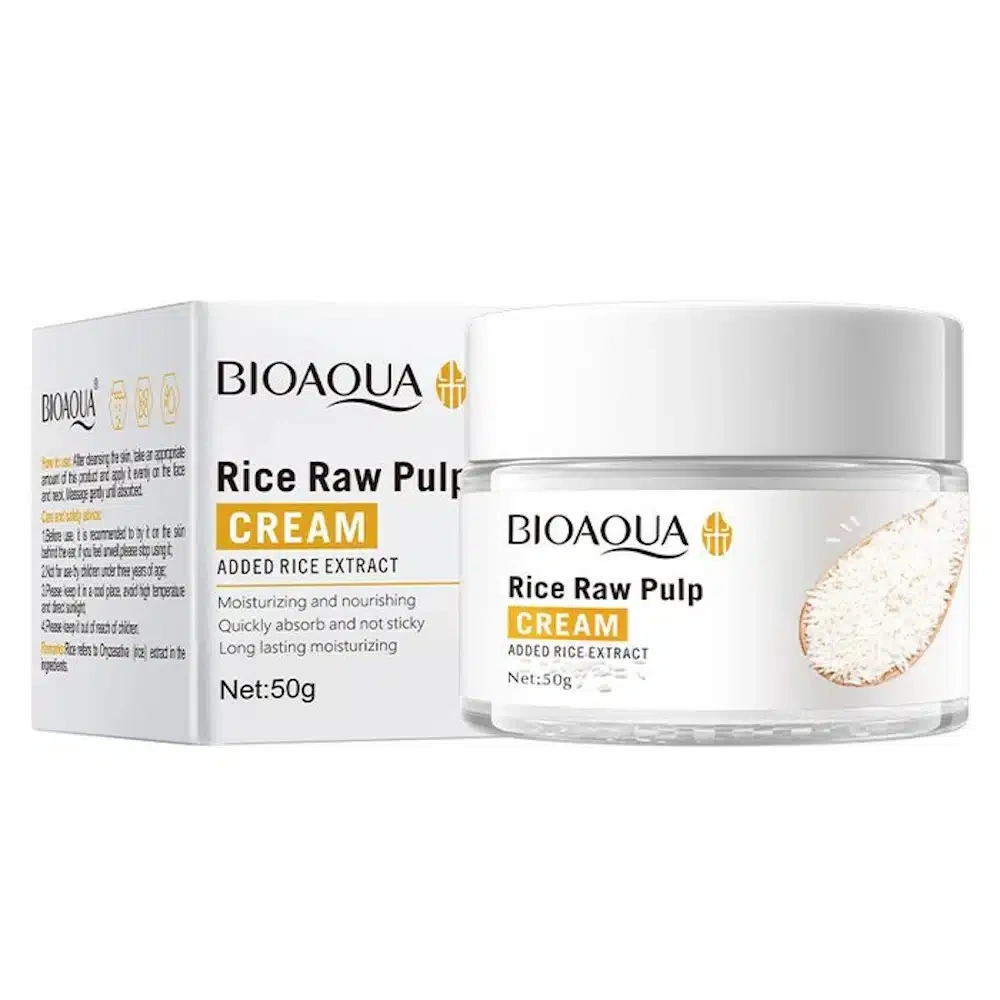 Bioaqua Rice Raw Pulp Cream 50g - white jar and box front view